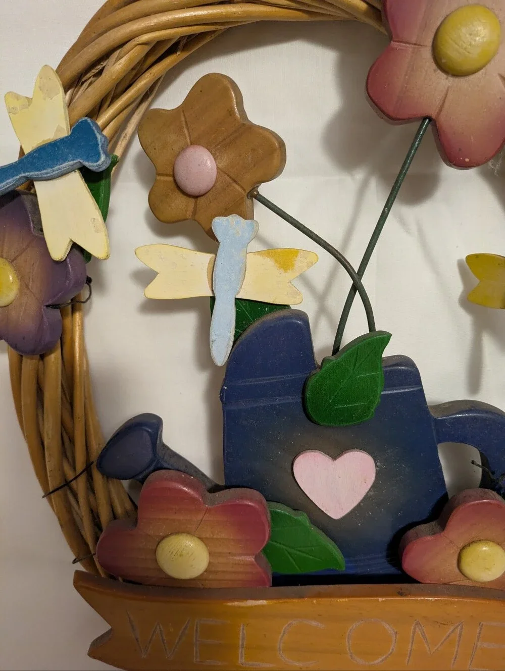 Wreath Wooden Floral Welcome Wreath with Watering Can Flowers Dragonflys Vintage